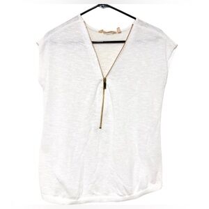 Soft Surroundings White Slub Sweater Gold Zipper Front Size M PTP 20"